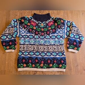 Vintage JENNIFER REED Petite Hand Knitted Floral & Geometric Ramie Sweater SizeS